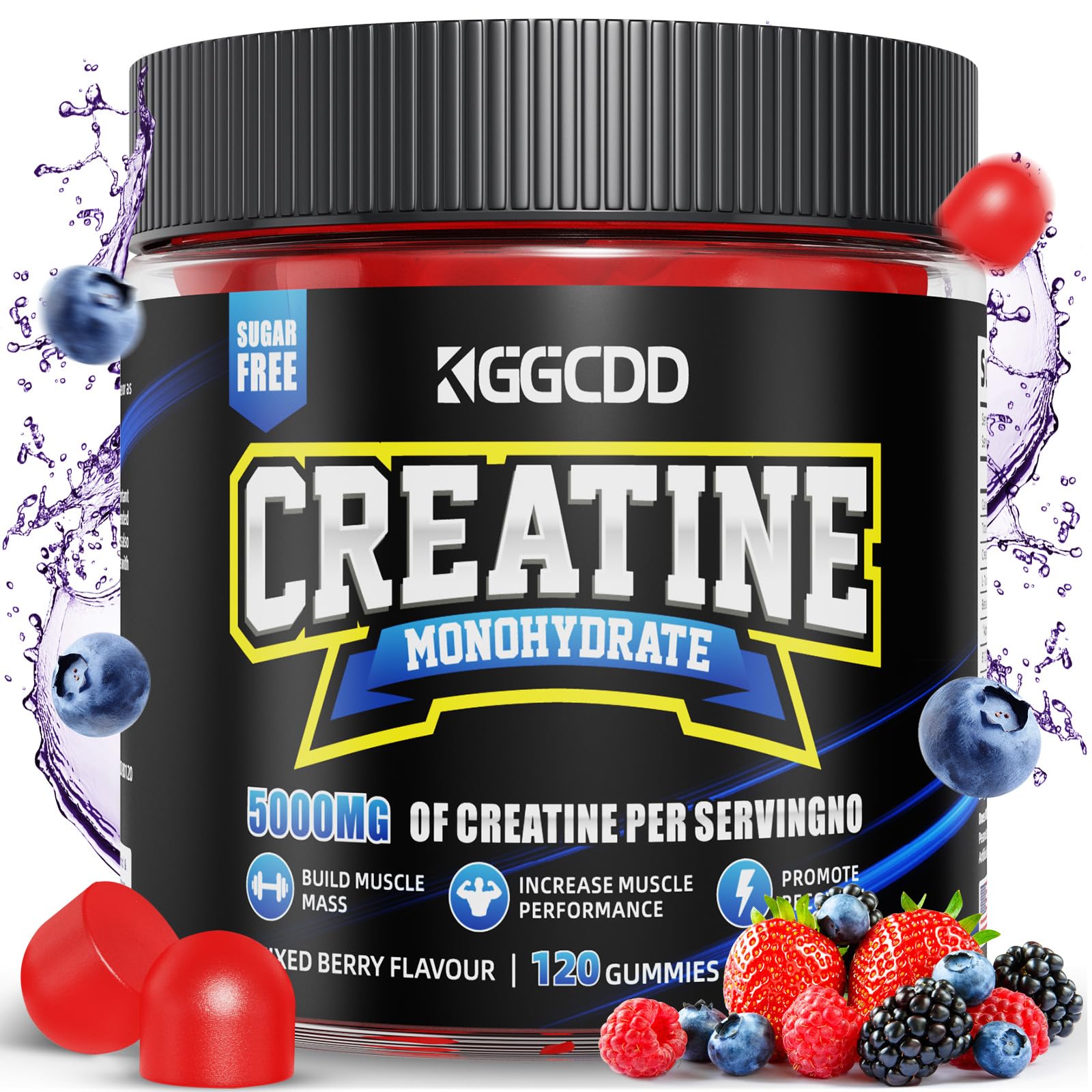 KGGCDD Gominolas de Monohidrato de Creatina Sin Azúcar 5g por Porción para Máxima Fuerza Muscular Energía Enfoque Resistencia Suplementos de Creatina para Mujeres Hombres 120 Unidades Sabor a Frutas del Bosque